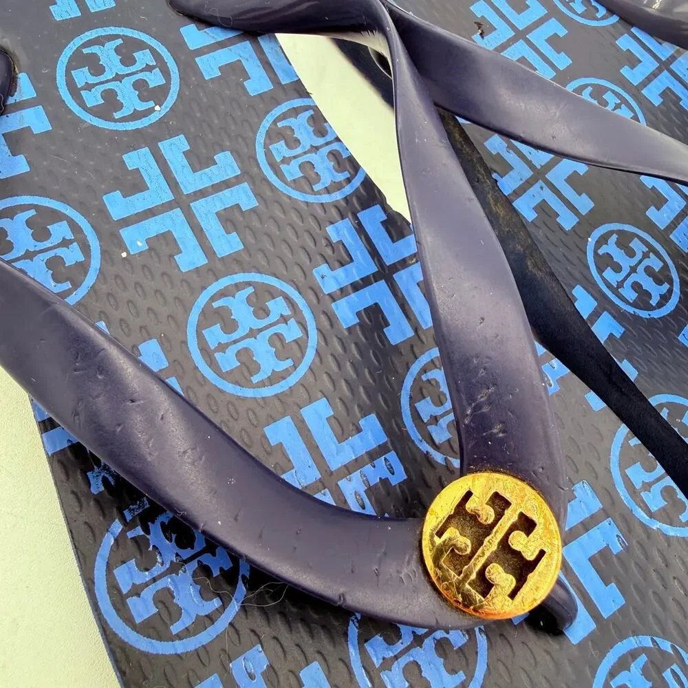 Tory Burch Navy Blue & Gold New Traveler Emblem Thong Flip Flops Sandals Size 9